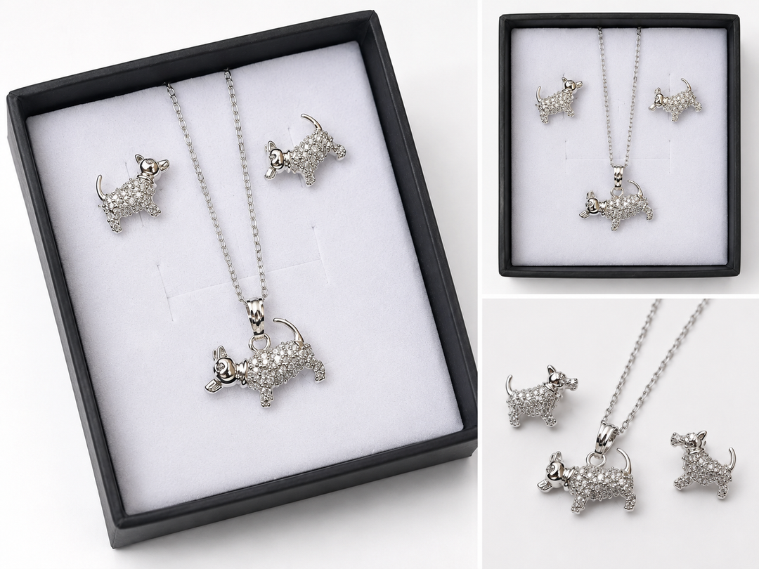 Silver crystal puppy necklace with matching stud earrings