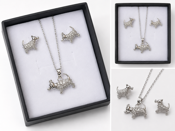 Silver crystal puppy necklace with matching stud earrings
