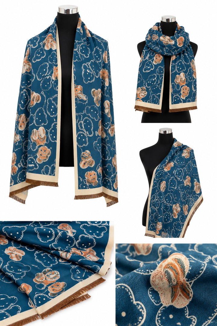 Teddy print oversized fringed scarf available in teal blue with cream trim and purple with pink trim.