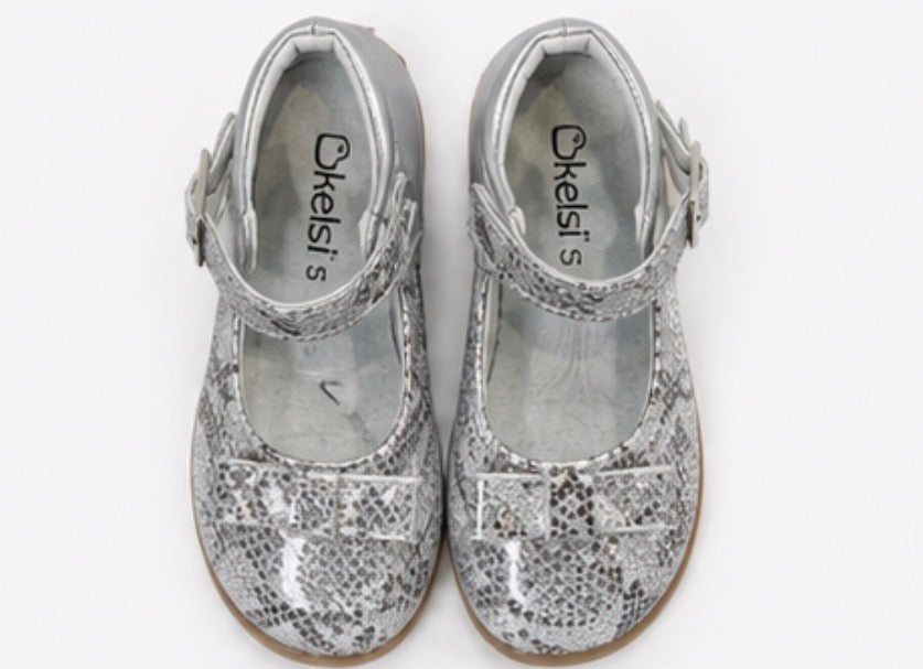Girls glitter shoes with buckle strap and bow detail in silver snake print