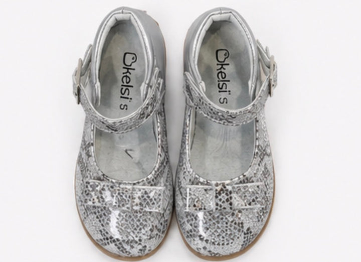 Girls glitter shoes with buckle strap and bow detail in silver snake print