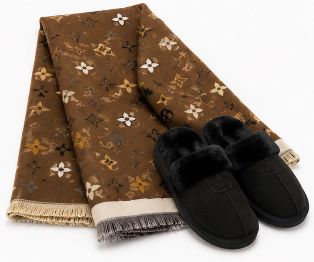 Luxury winter gift bundle featuring a soft scarf paired with black faux fur lined slippers