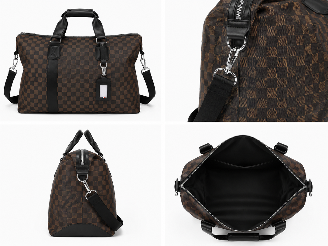 Luxury travel holdall weekend bag in checkerboard designs with detachable shoulder straps.