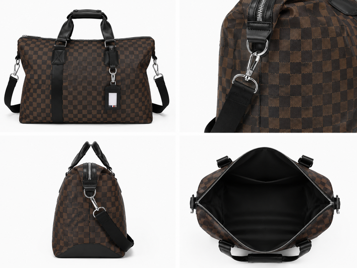 Luxury travel holdall weekend bag in checkerboard designs with detachable shoulder straps.