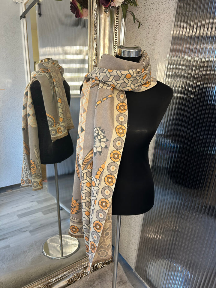 Beige geometric scarf with grey and orange accent 