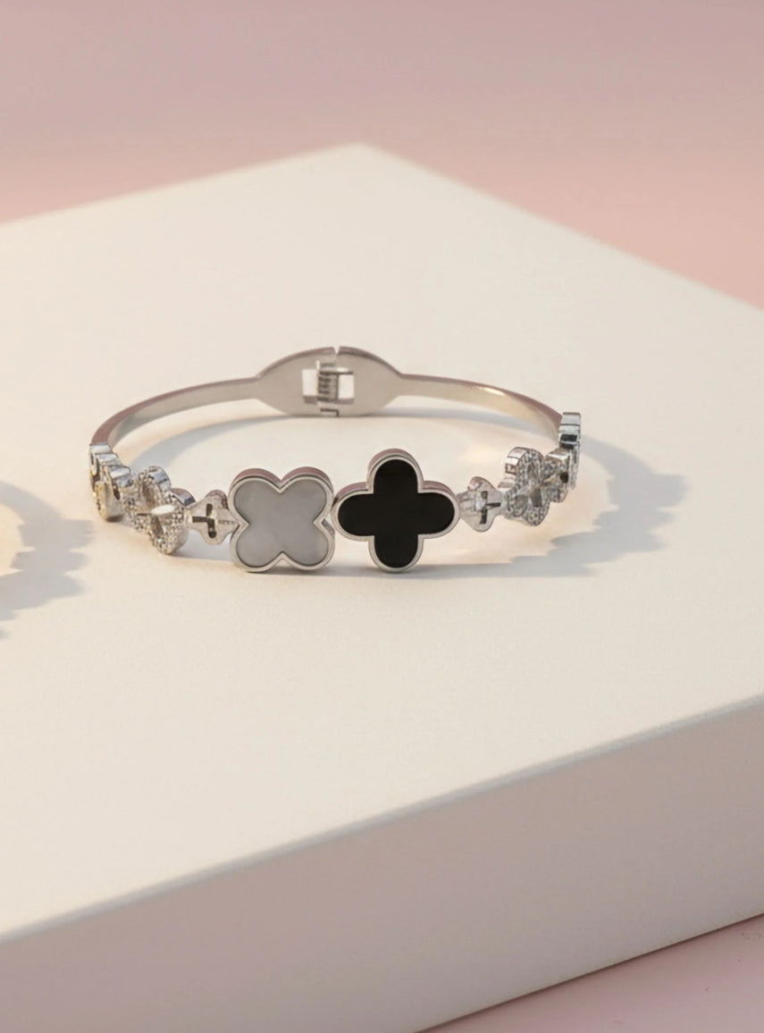 Stainless Steel Black Clover Crystal Stacking Bangle