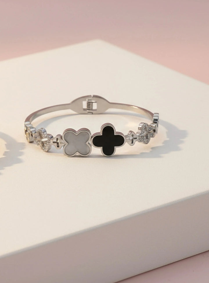 Stainless Steel Black Clover Crystal Stacking Bangle