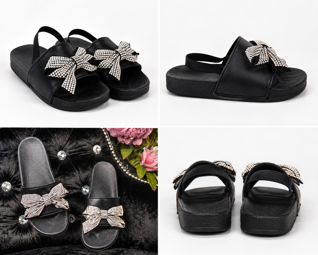 Black girls’ slider sandals with diamanté crystal bow detail and elastic back strap