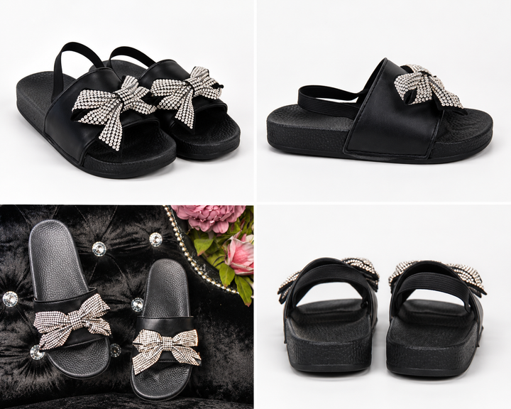 Black girls’ slider sandals with diamanté crystal bow detail and elastic back strap
