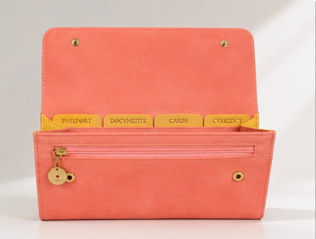 Salmon pink travel wallet purse with gold hardware 