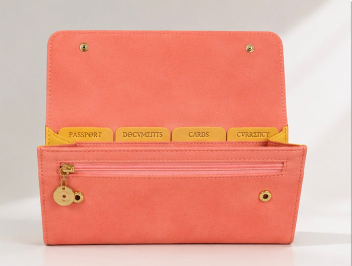 Salmon pink travel wallet purse with gold hardware 
