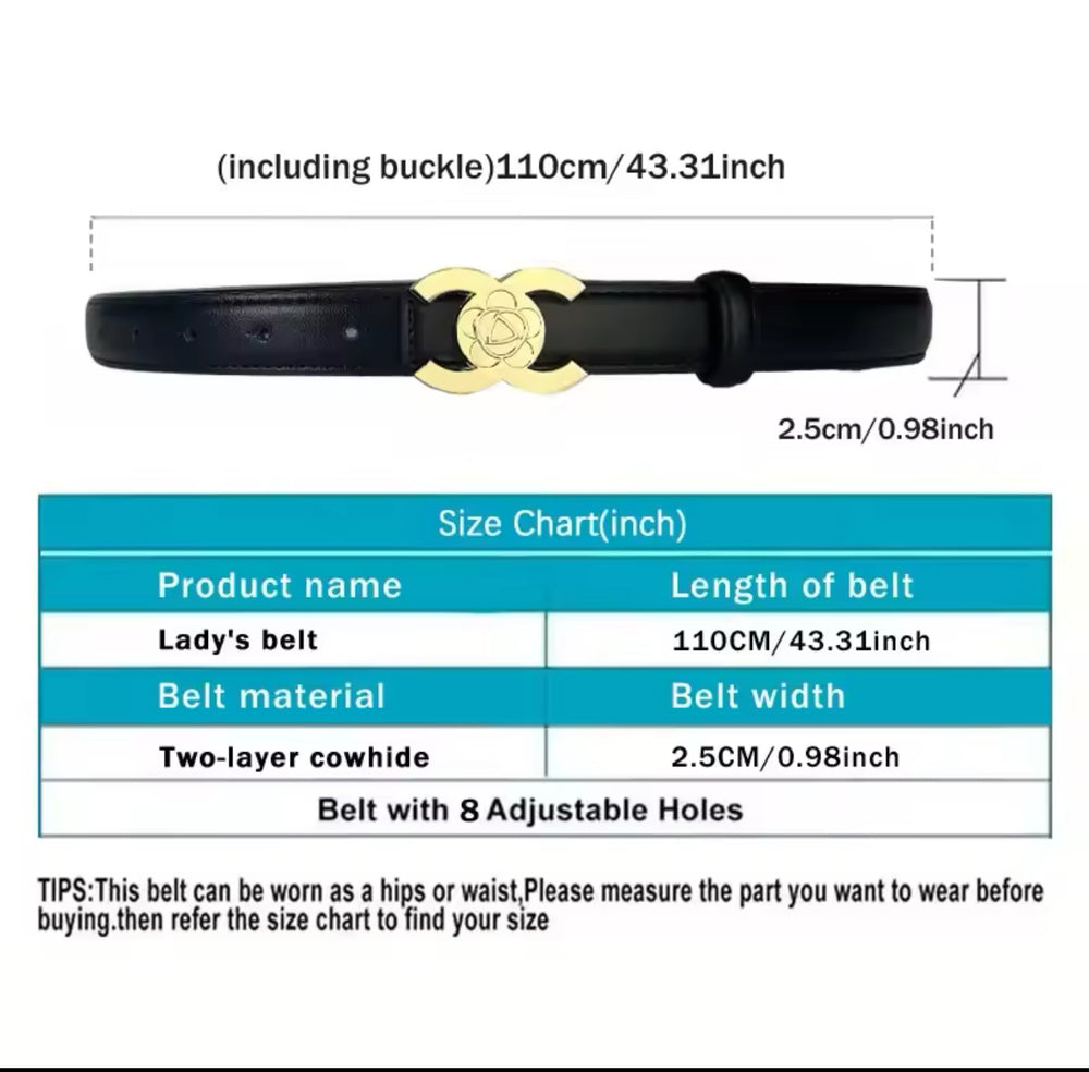 A faux leather black belt with a gold buckle,