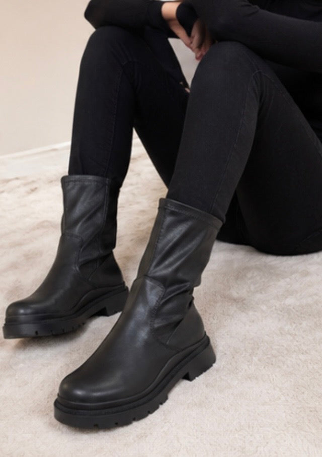 Black faux leather chunky sole slip on mid-calf boots 