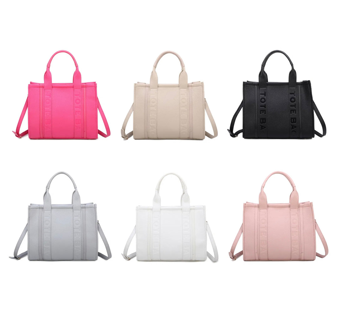 A collection of large stripe print tote bags in various colors including pink, beige, black, grey, white, and pale pink, displayed against a white background.