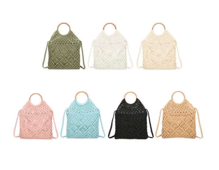 Crochet crossbody bag with wooden handle and woven design in multiple colours