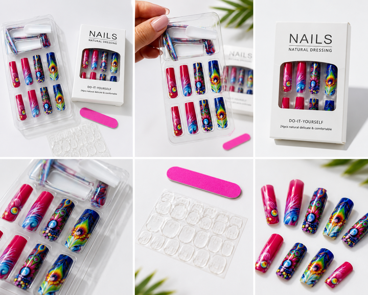 24-piece pink peacock design press-on nail kit with adhesive tabs, mini nail file 