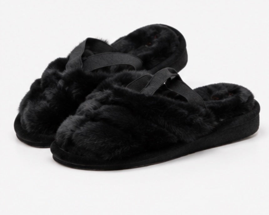 Black fluffy cross strap slippers with open toe style and elastic heel strap