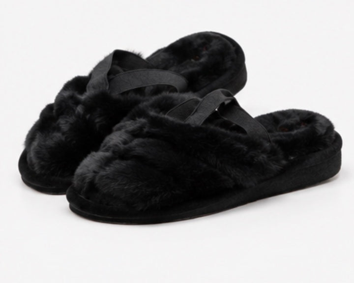 Black fluffy cross strap slippers with open toe style and elastic heel strap