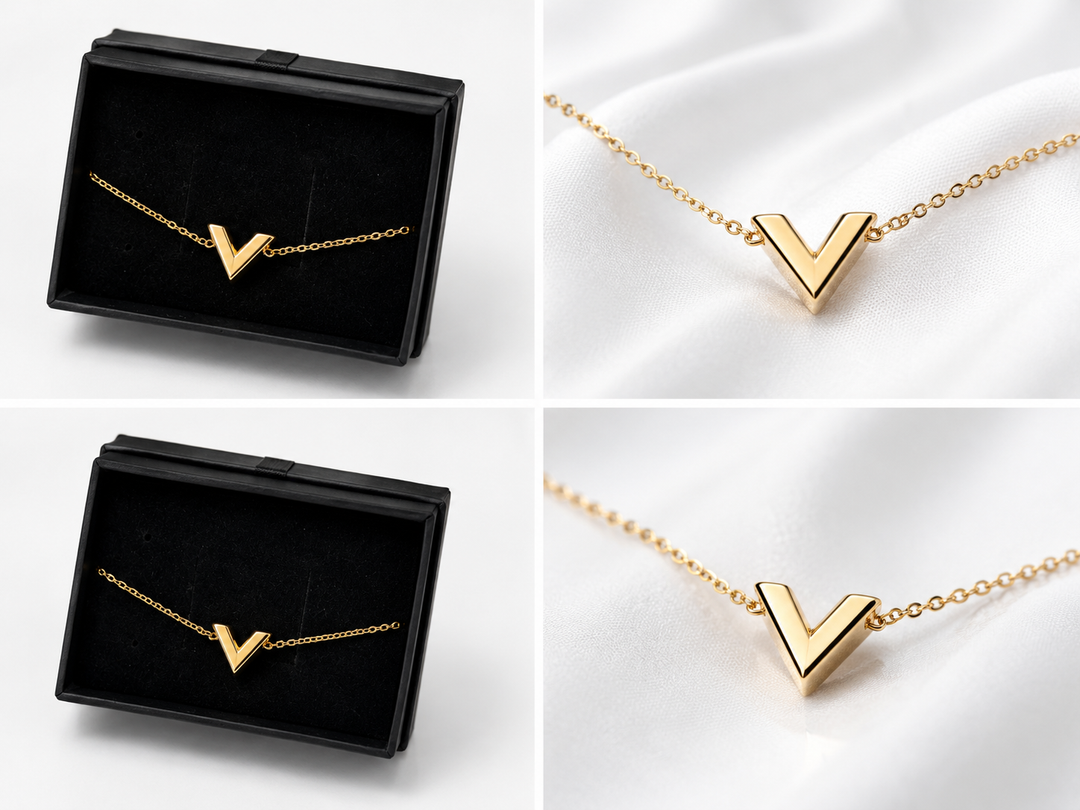 Gold V pendant necklace, featuring a minimalist stainless steel design on a delicate gold chain.