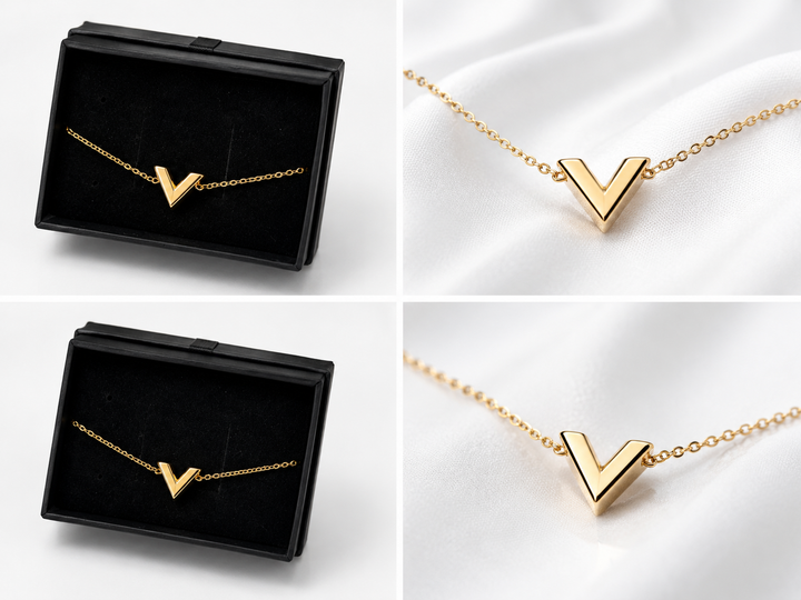 Gold V pendant necklace, featuring a minimalist stainless steel design on a delicate gold chain.