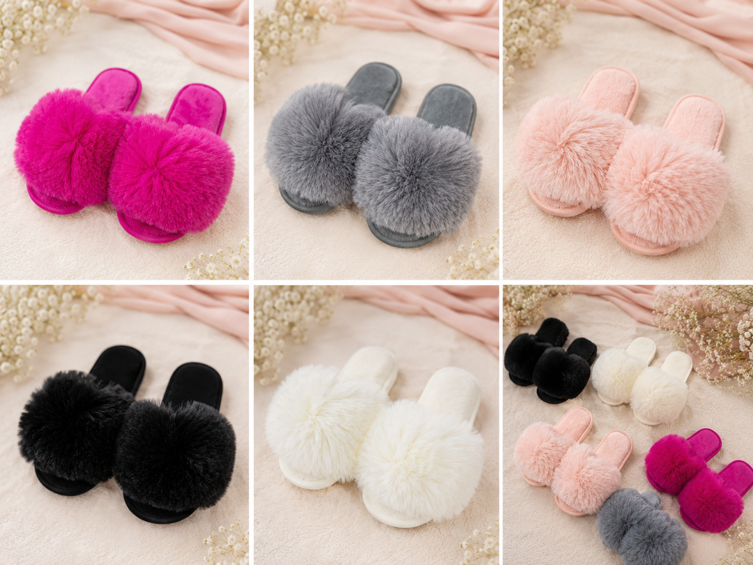 Girls fluffy faux fur slip on slippers 