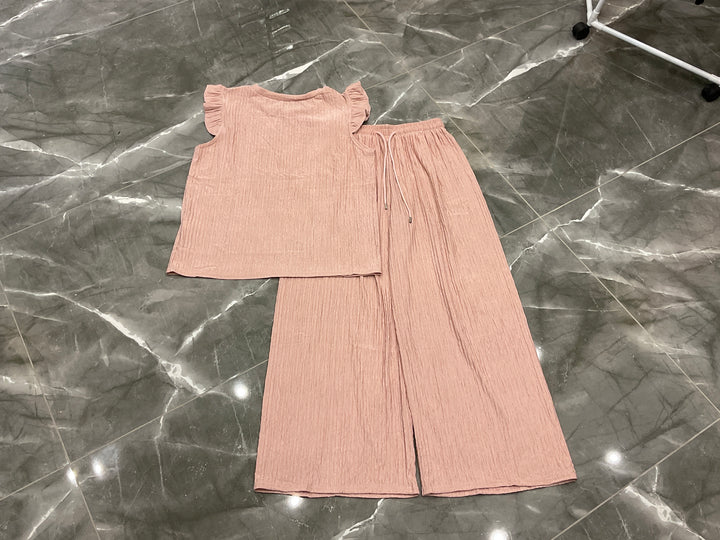 Ribbed Frill Sleeve Top &amp; Wide Leg Trouser Co-Ord Set