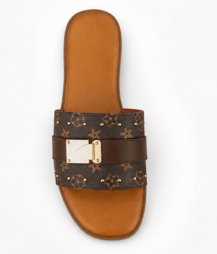 Brown Monogram Buckle Sliders – Designer Style Summer Sandals