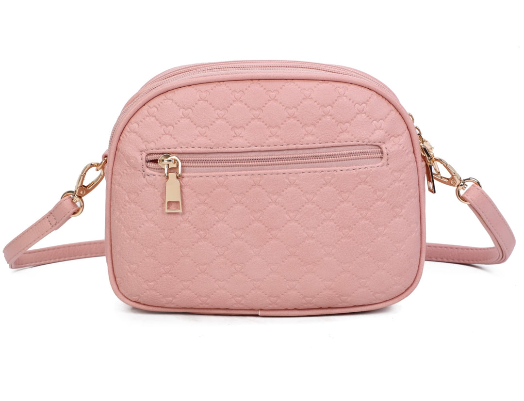 A pink quilted bee design cross body bag with a detachable and adjustable strap, featuring golden tone metal hardware.