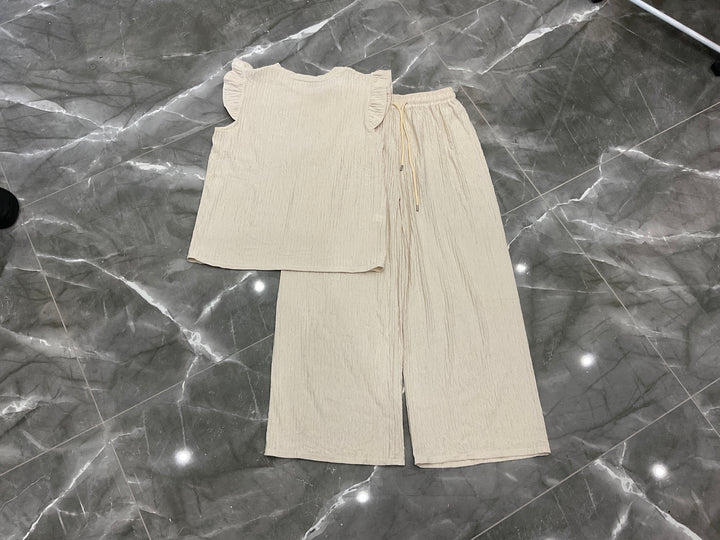 Ribbed Frill Sleeve Top &amp; Wide Leg Trouser Co-Ord Set