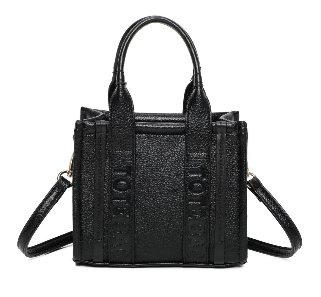 Black tote bag text handbag with gold detail 