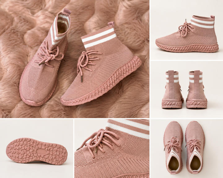 Blush pink sock fit knit trainers with lace-up fastening and striped ankle collar.