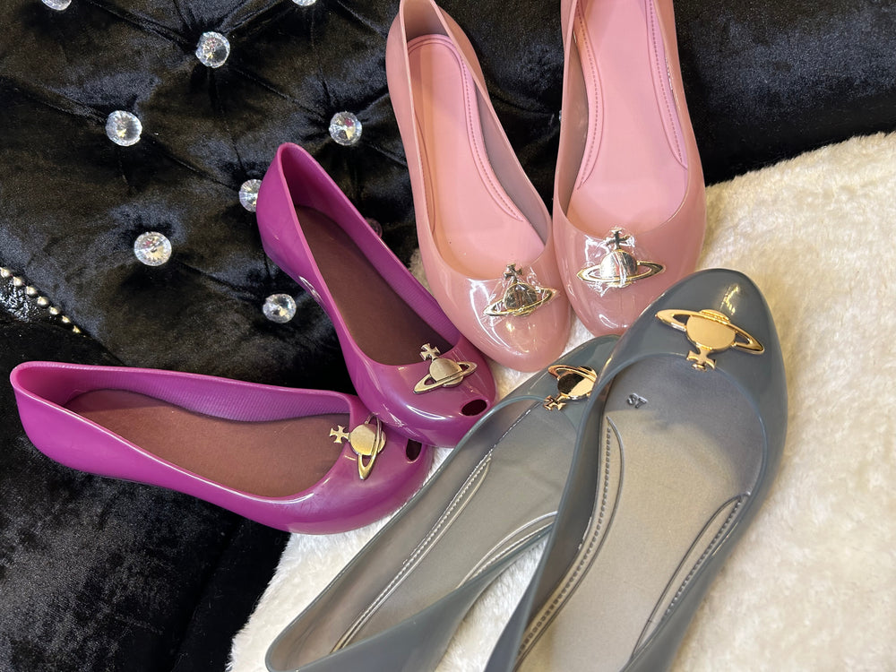 Pink, purple and grey ballet shoes with gold detailing