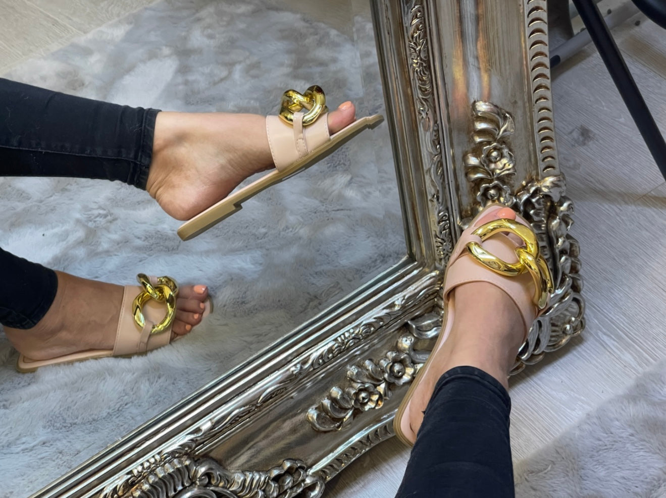 Nude pink sliders with gold chain detail