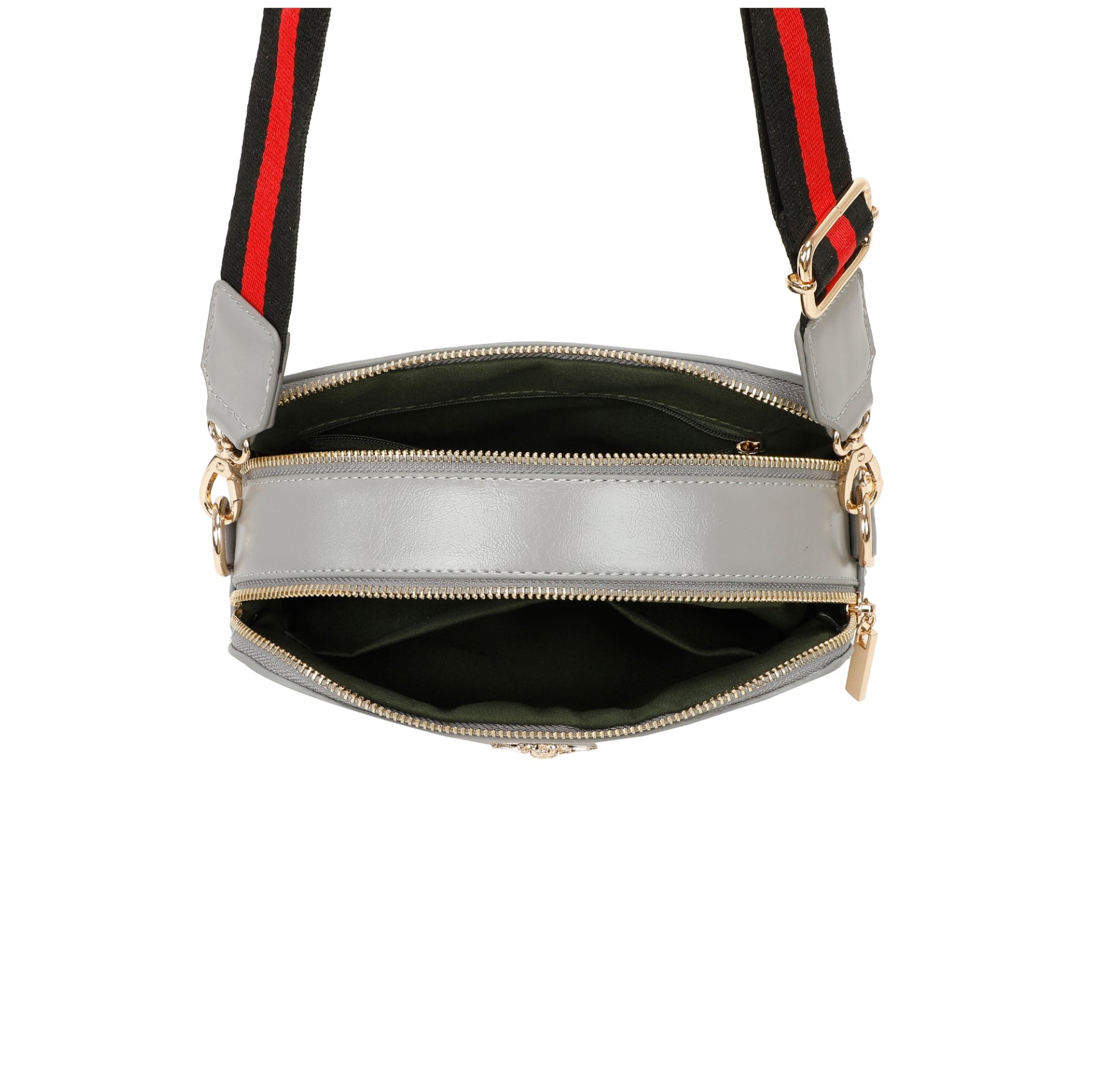 Gray crossbody bag with gold zipper and red and black striped strap on a white background