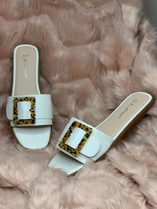 White Sliders with Leopard Print Buckle