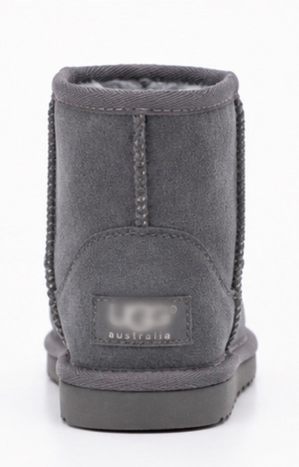 Grey children’s faux suede winter boots with soft faux fur lining