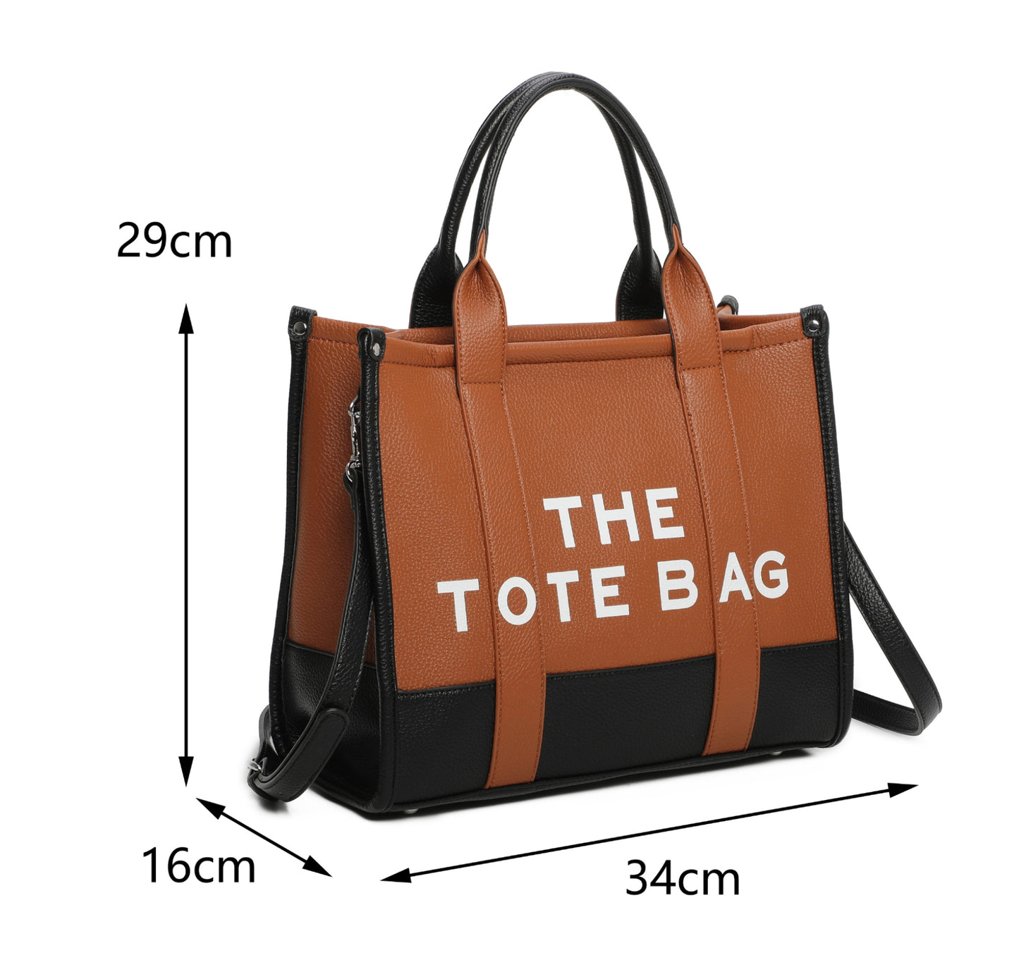The tote bag showing the measurements of the bag. 36cm wide by 16cm depth by 29cm high 