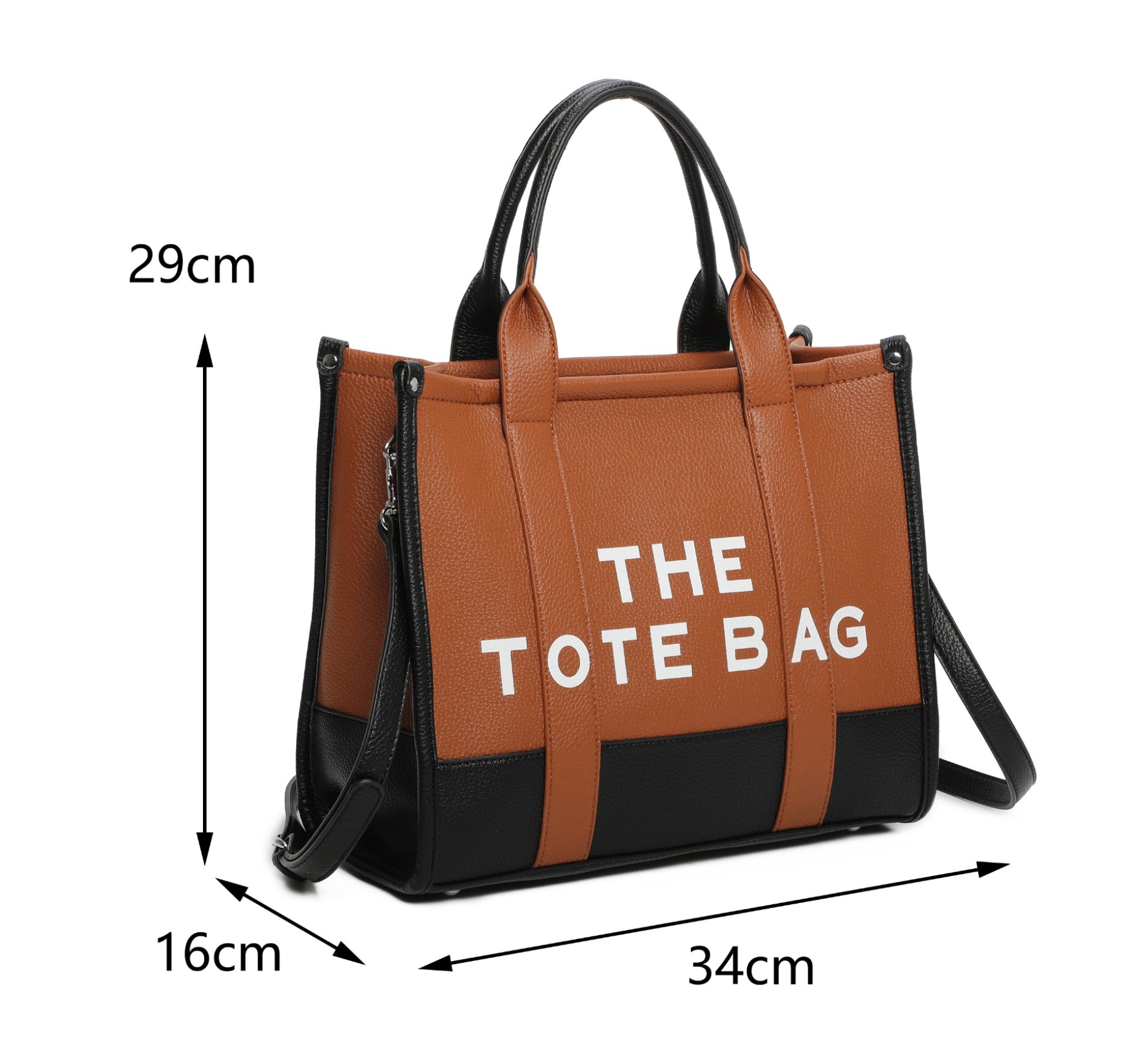 The tote bag showing the measurements of the bag. 36cm wide by 16cm depth by 29cm high 