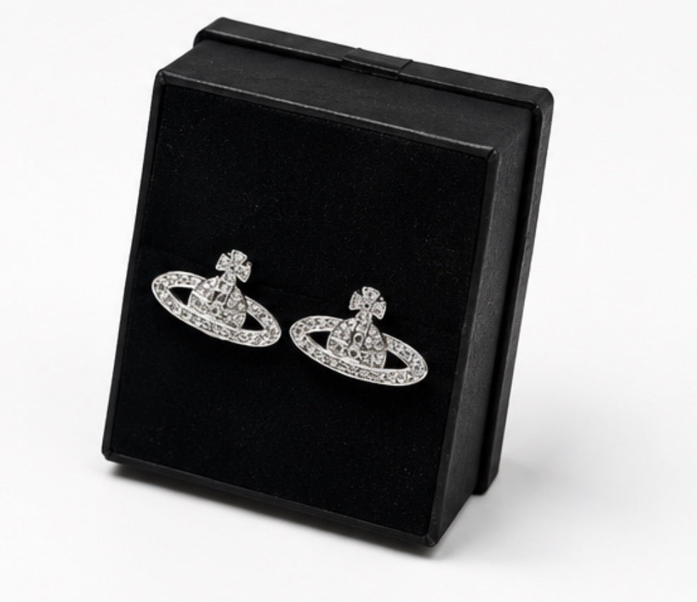 Silver crystal orb stud earrings with sparkling rhinestone detailing 