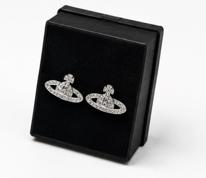 Silver crystal orb stud earrings with sparkling rhinestone detailing 