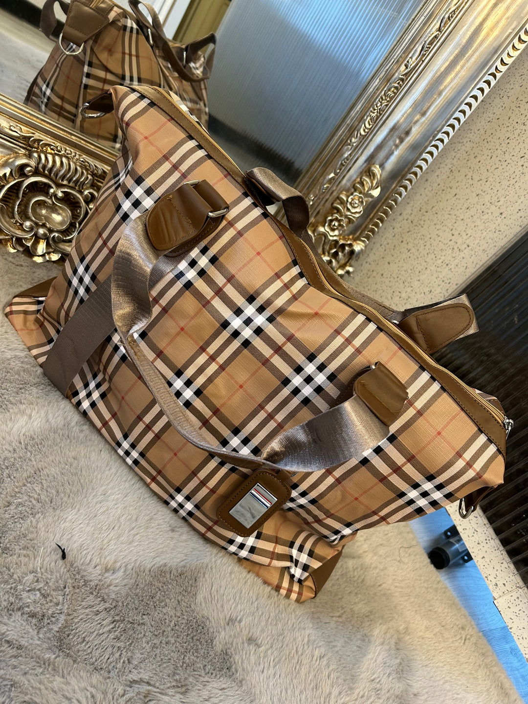 Brown checked detail, large holdall luggage travel bag with silver hardware
