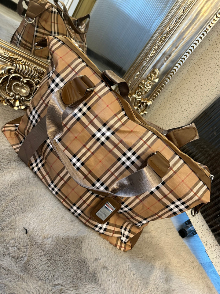 Brown checked detail, large holdall luggage travel bag with silver hardware