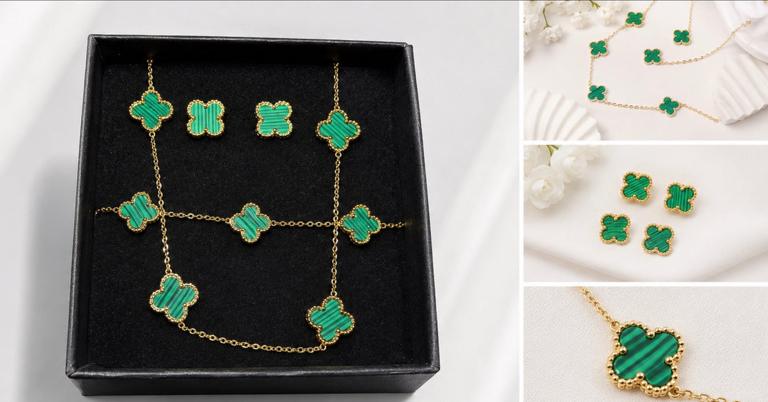 Gold-tone green clover necklace and matching stud earring set 