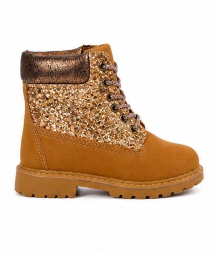 Girls glitter lace-up ankle boots in black and tan with chunky sole