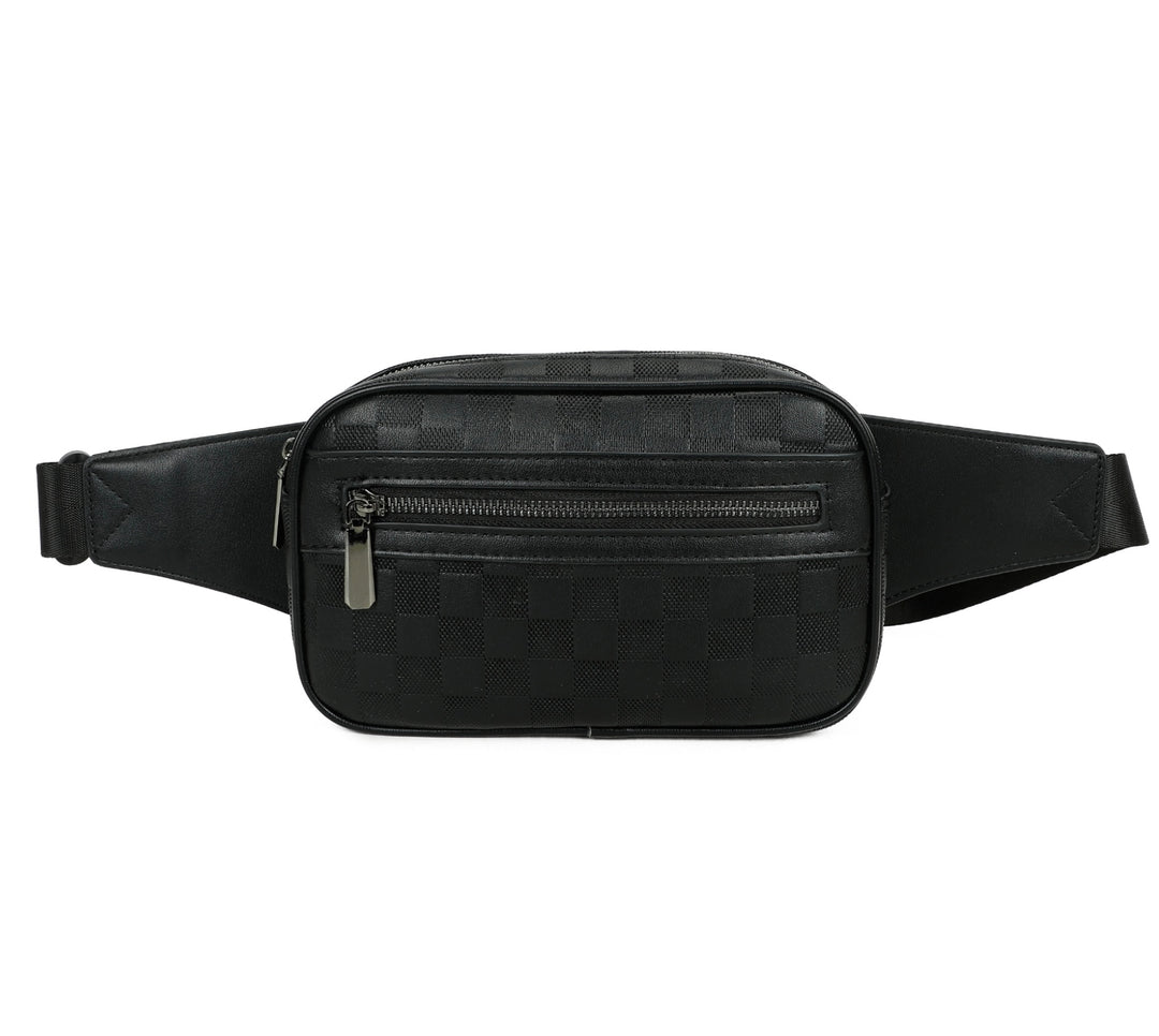 Black waist bag with zippers on a white background