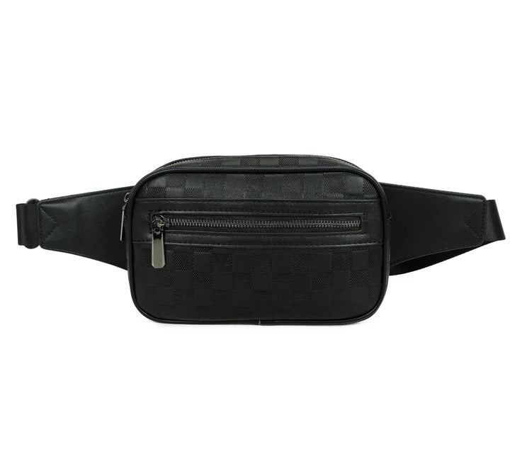 Black waist bag with zippers on a white background