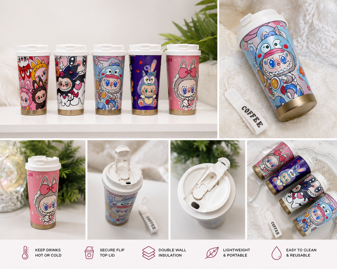Labubu insulated travel bottle cup with flip lid in assorted colourful cartoon character designs.