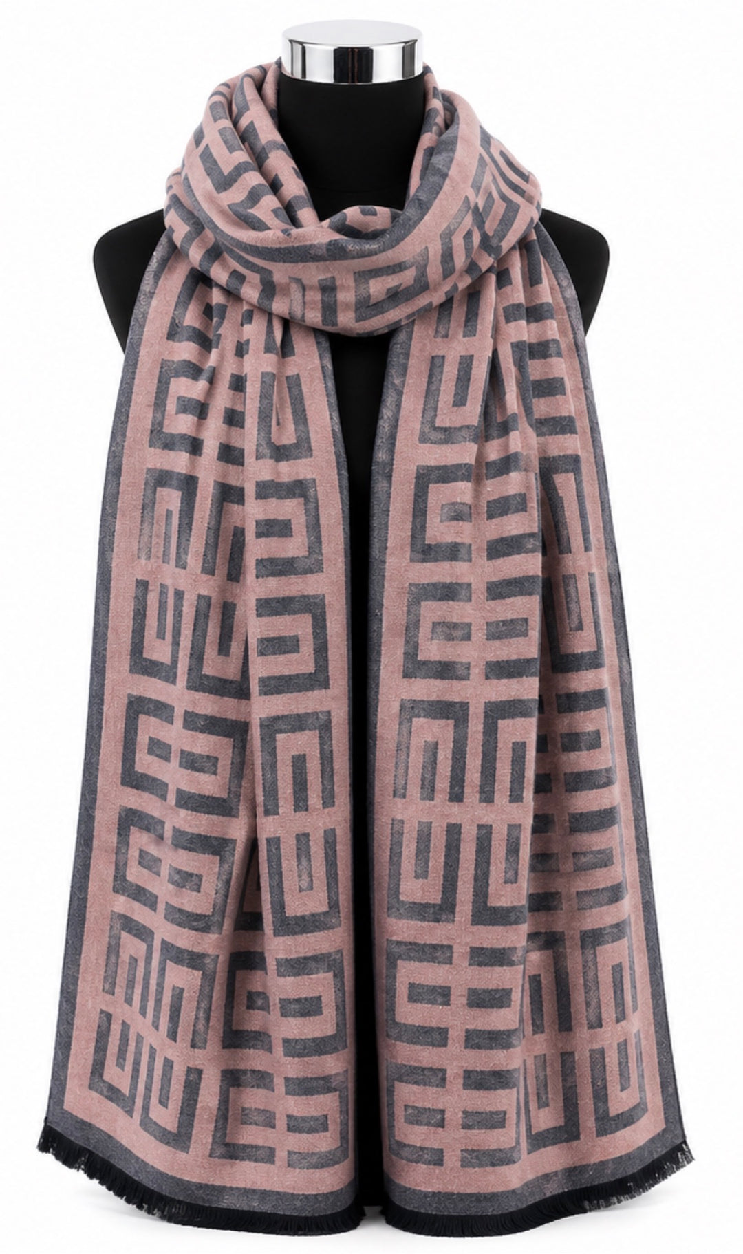 Blush pink and charcoal grey geometric maze print woven scarf with dark border and short fringed edging.