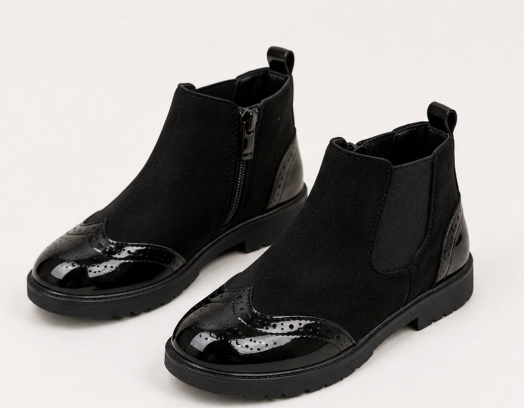 Black kids ankle boots with glossy patent toe cap and heel detail