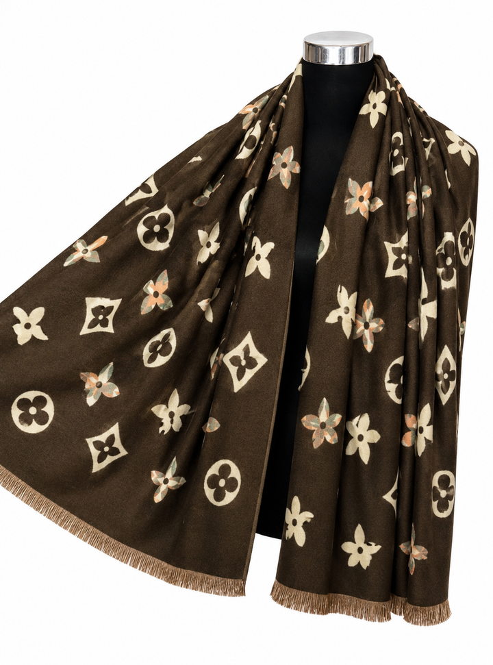 Brown floral monogram print scarf with cream detailing and fringed edge
